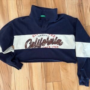 United Colors Of Benetton Navy and Cream Women's Jersey Top